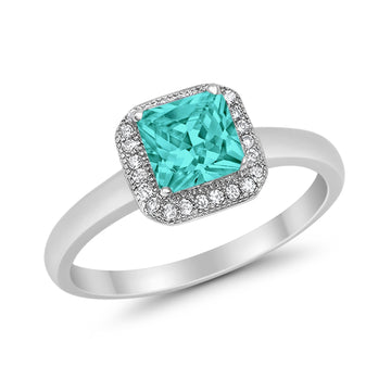 Halo Engagement Ring Princess Cut Simulated Paraiba Tourmaline CZ 925 Sterling Silver